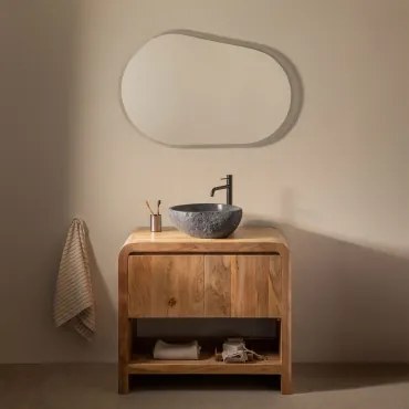 Conjunto De Móvel De Casa De Banho Em Madeira Vacry Castanho Acácia & Oval Led E Anti-embaciamento 100x80 Cm Riben & Preto Mate ↑30 Cm Com Válvula De