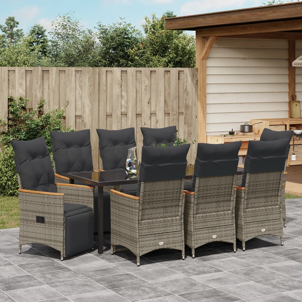 Conjunto de Jantar de Jardim de 9 Peças com Almofadas Cinza Poli Ratta
