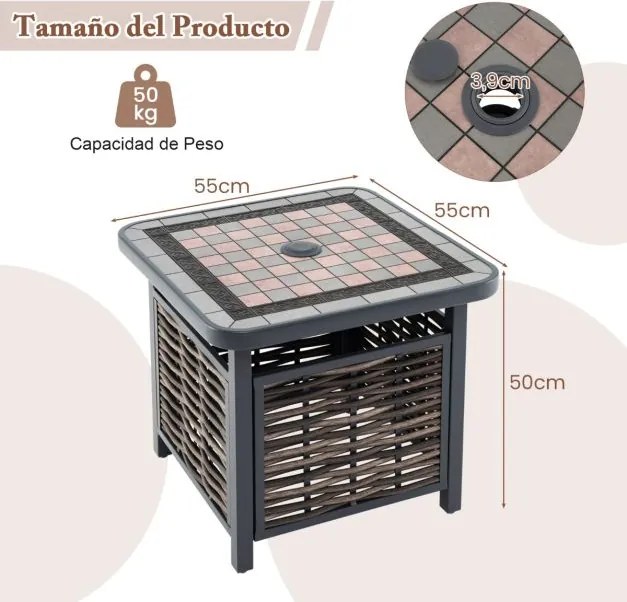 Mesa jardim de rattan PE com tampo de resina Estrutura metálica com furo para guarda-sol 55 x 55 x 50 cm Preto e Castanho