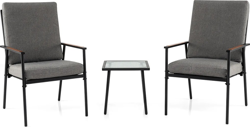 Conjunto de 2 Cadeiras de Jardim e Mesa Auxiliar, 71 x 56 x 93 cm, Estrutura em Aço, Preto+Cinza