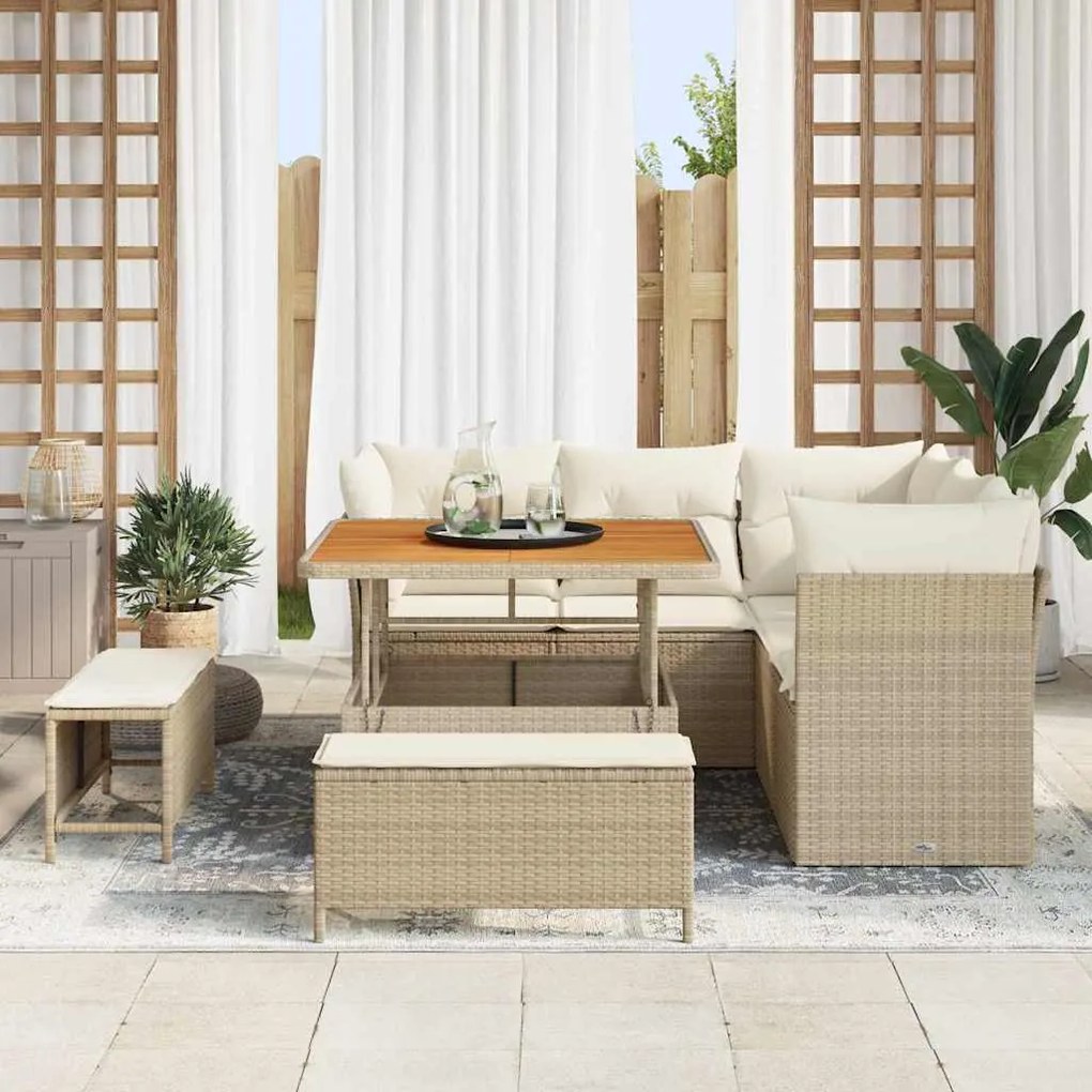 Conjunto de Sofá de Jardim 8 Peças com Almofadas Beiges em Rattan Poli
