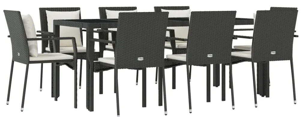9 pcs conjunto de jantar p/ jardim c/ almofadões vime PE preto