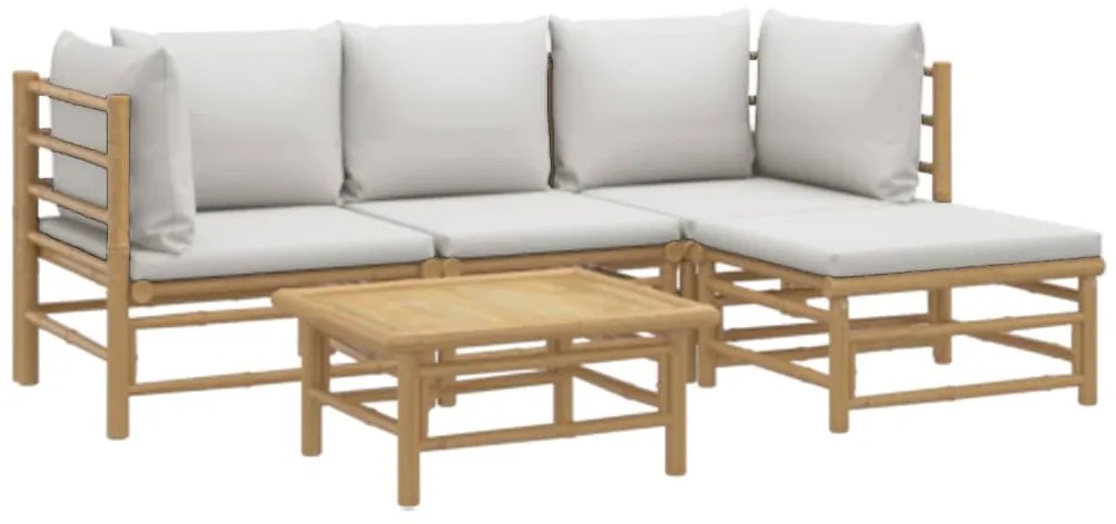 5 pcs conj. lounge de jardim bambu c/ almofadões cinzento-claro