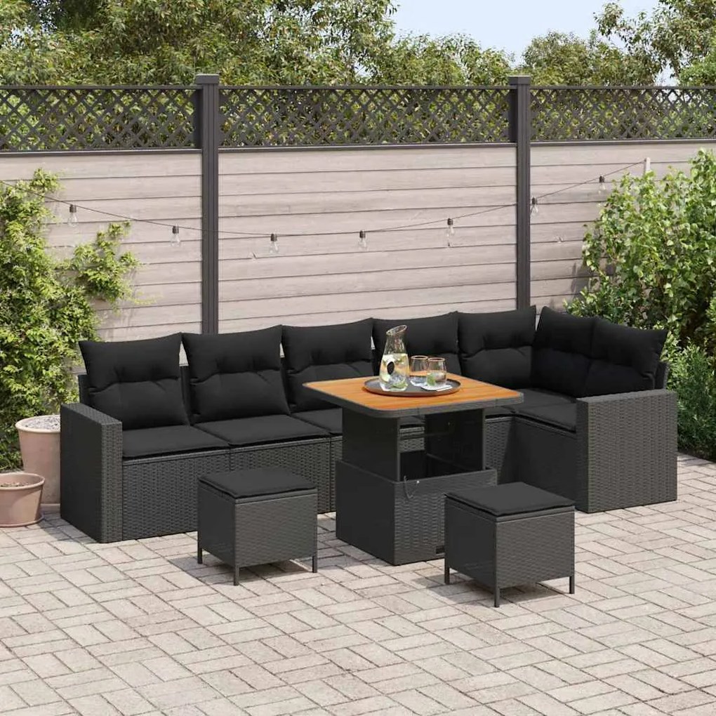 vidaXL Conjunto de Sofá de Jardim 9 Peças com Almofadas Preto de Rattan de Polietileno e Acácia.