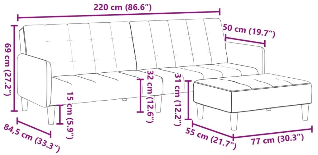 Sofá-cama 2 lugares c/ apoio de pés veludo cinza-claro