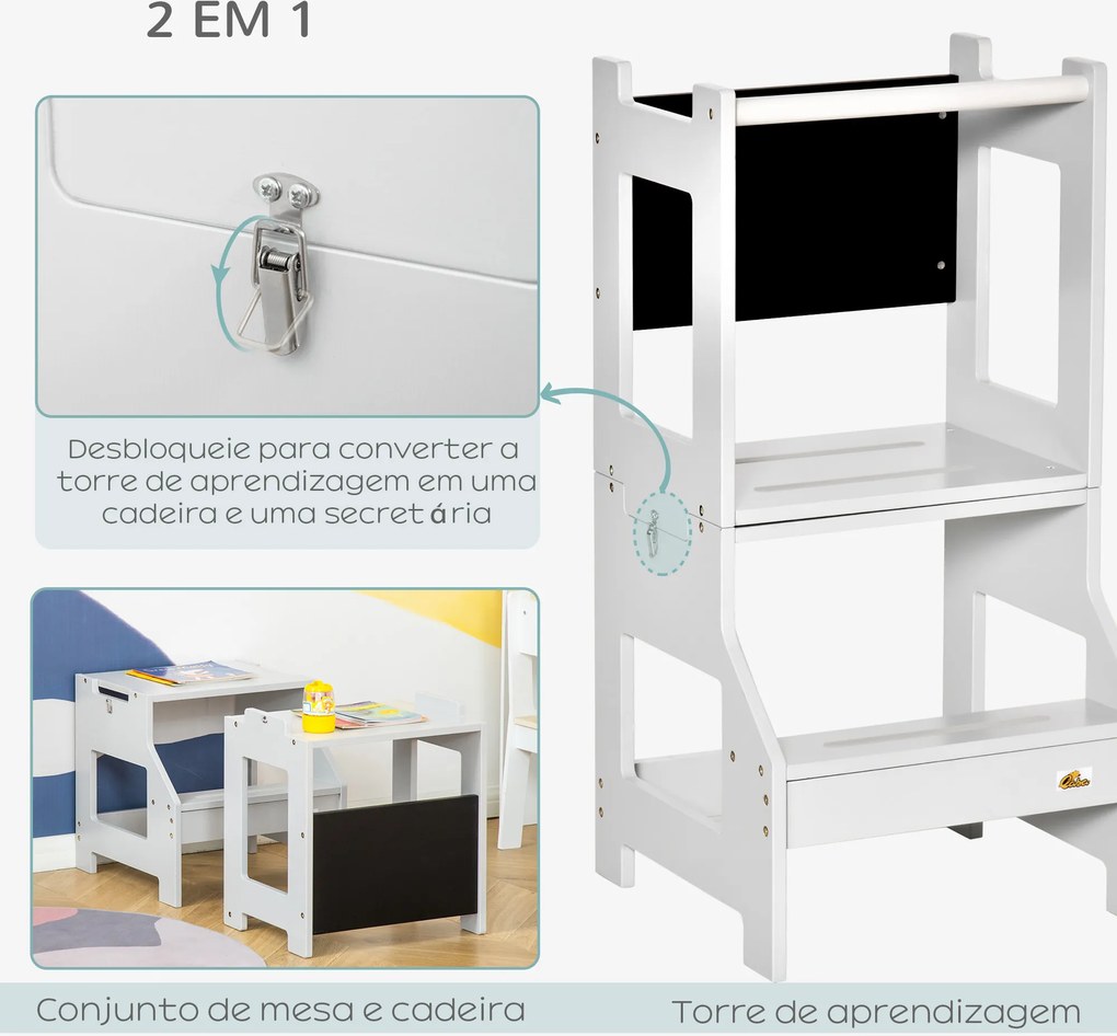 Torre de Aprendizagem para Crianças de Madeira Convertível em Secretária com Ardósia e Barra de Segurança 42x44x86 cm Cinza