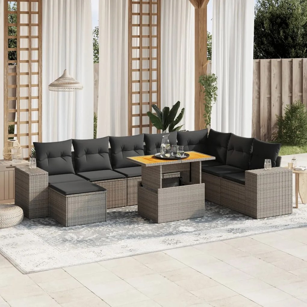 9 pcs conjunto sofás p/ jardim com almofadões vime PE cinzento
