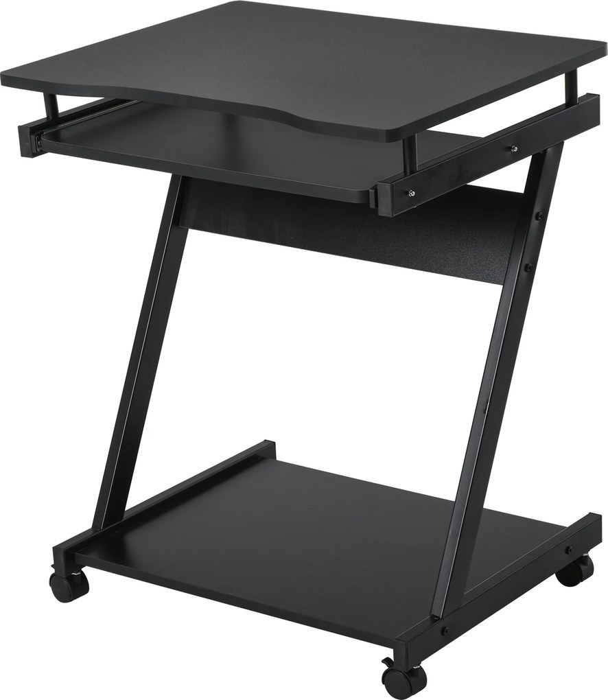 Secretária para Computador com Rodas 60x48 cm com Prateleira Deslizante para Teclado e Prateleira Inferior Estrutura Metálica Preto