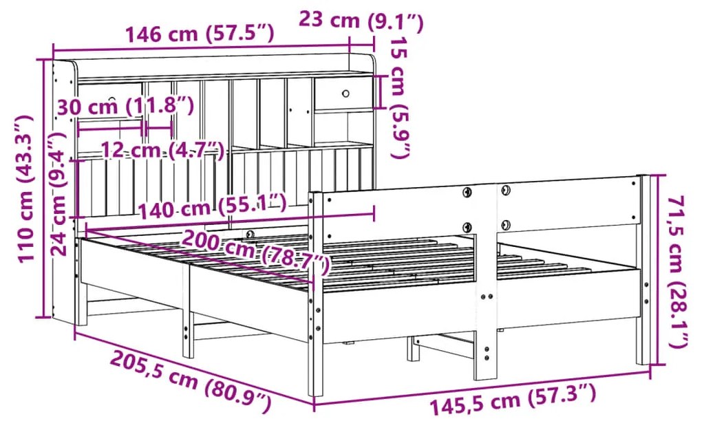 Cama com estante sem colchão 140x200 cm pinho maciço