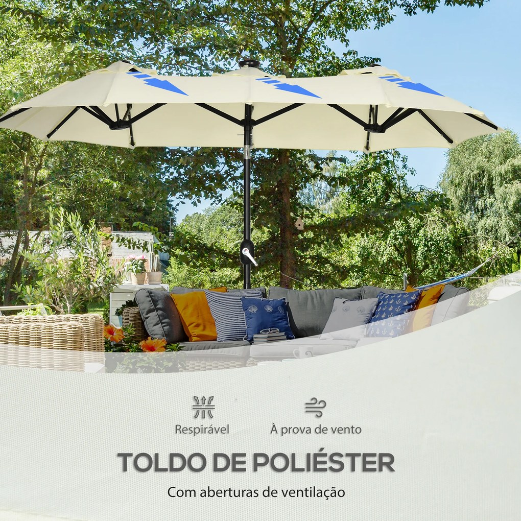 Outsunny Chapéu de Sol Duplo com Luzes LED 280x146x227cm Chapéu de Sol de Jardim com Inclinação de 45° Manivela Estrutura de Aço para Pátio Varanda Piscina Bege