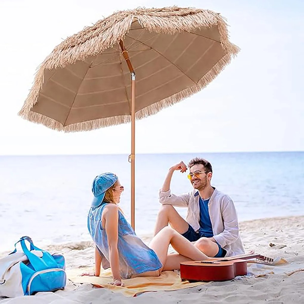 Guarda-sol Ø 220 cm havaiano em palha Plastico PP (BASE NÃO INCLUIDA) com 8 varas e proteção UV natural