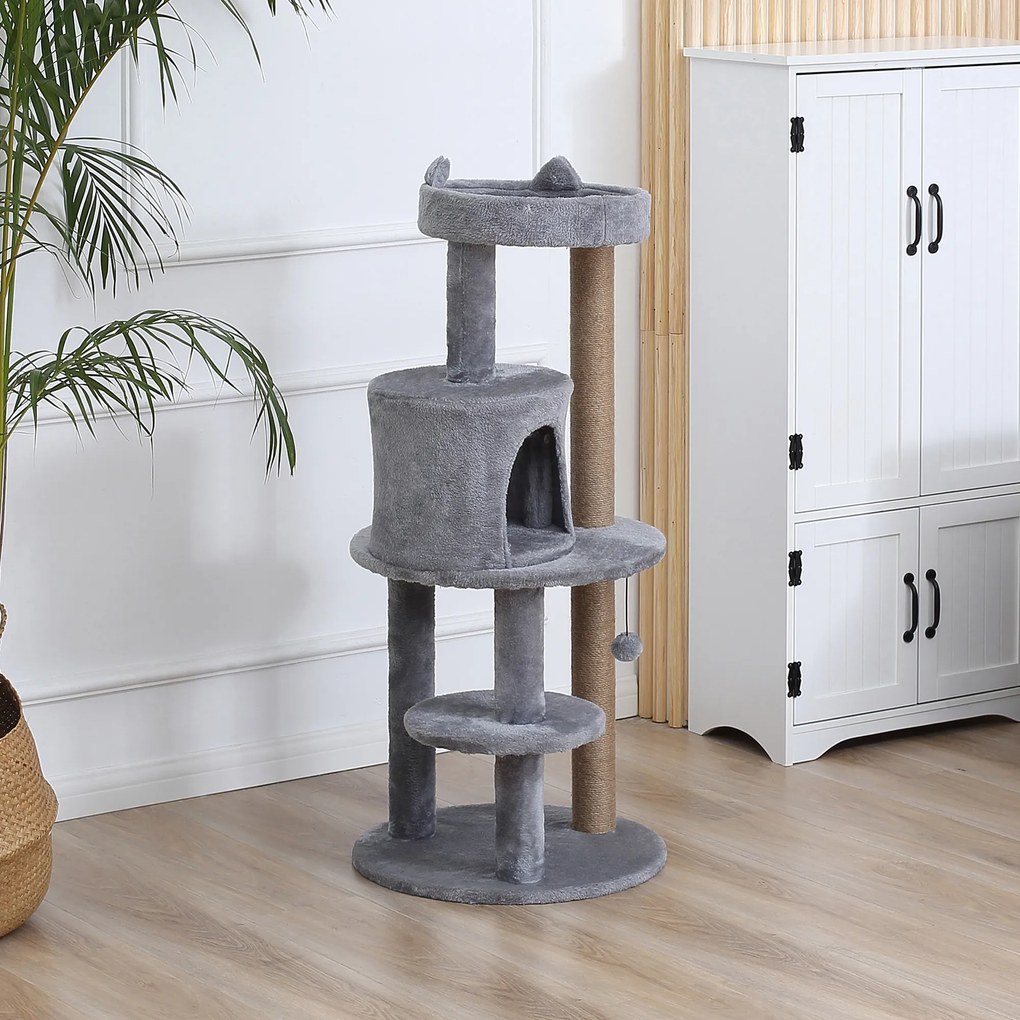 Arranhador para gatos Ø 48 x 104 A cm com vários acessórios: arranhadores, plataformas, compartimentos abertos e bola suspensa cinzento