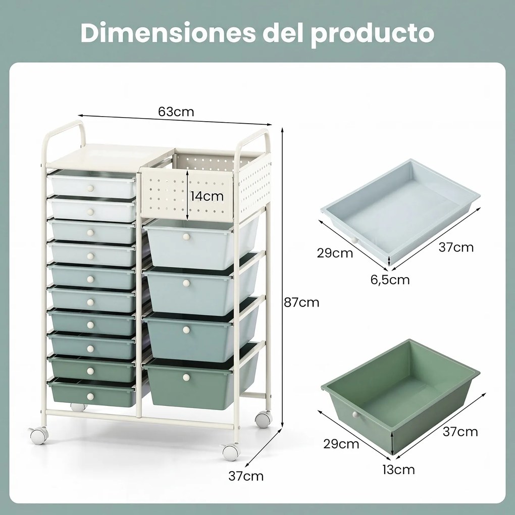 Carrinho de Armazenamento, 63 x 37 x 87,5 cm, 14 Gavetas, Verde