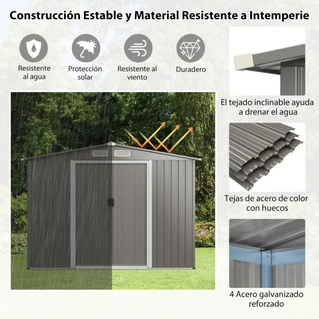 Abrigo de jardim Portas duplas e rampa para ferramentas 260 x 207 x 180 cm Cinzento claro