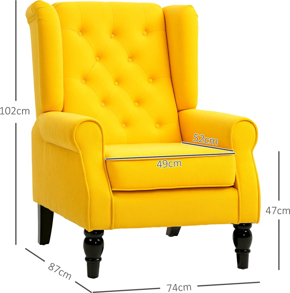 Poltrona de Sala com Apoios de Braço e Pernas de Madeira Capacidade de 160 kg para Quarto Escritório 74x86x102 cm Amarelo