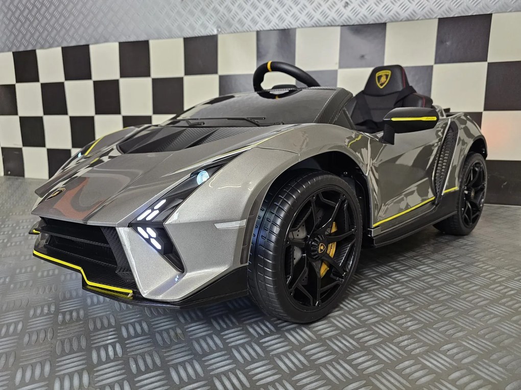 Carro elétrico para crianças LAMBORGHINI AUTÉNTICA 12V, Pneus Borracha, Assento pele, Luzes CINZA METÁLICO