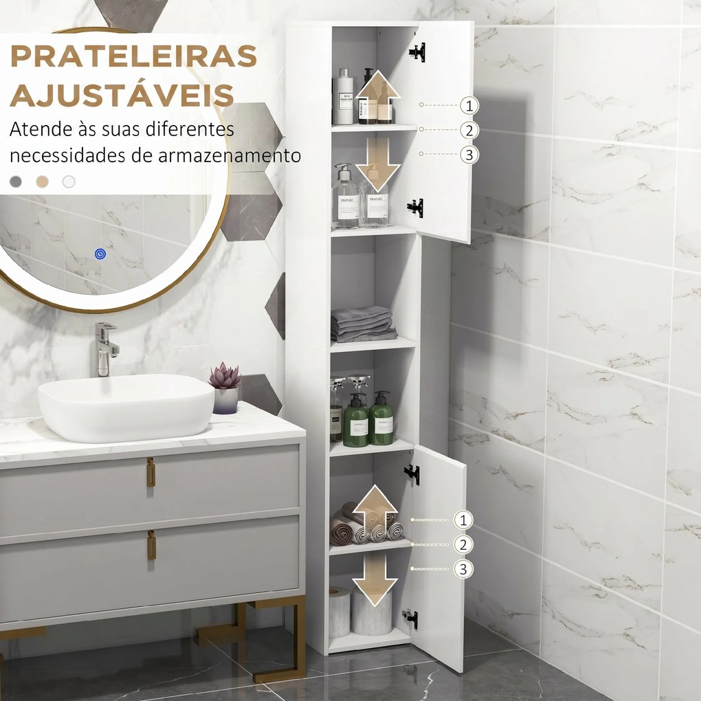 Armário Alto e Estreito para Casa de Banho com Portas e Prateleiras Ajustáveis 30x30x181,5 cm Branco Brilhante