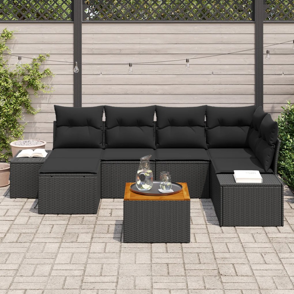 Conjunto de Sofás de Jardim com Almofadas Preto Rattan Poliéster Acáci