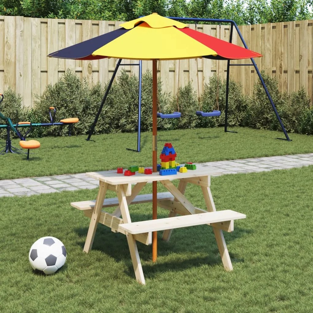 vidaXL Mesa de piquenique para 4 crianças com guarda-sol abeto maciço