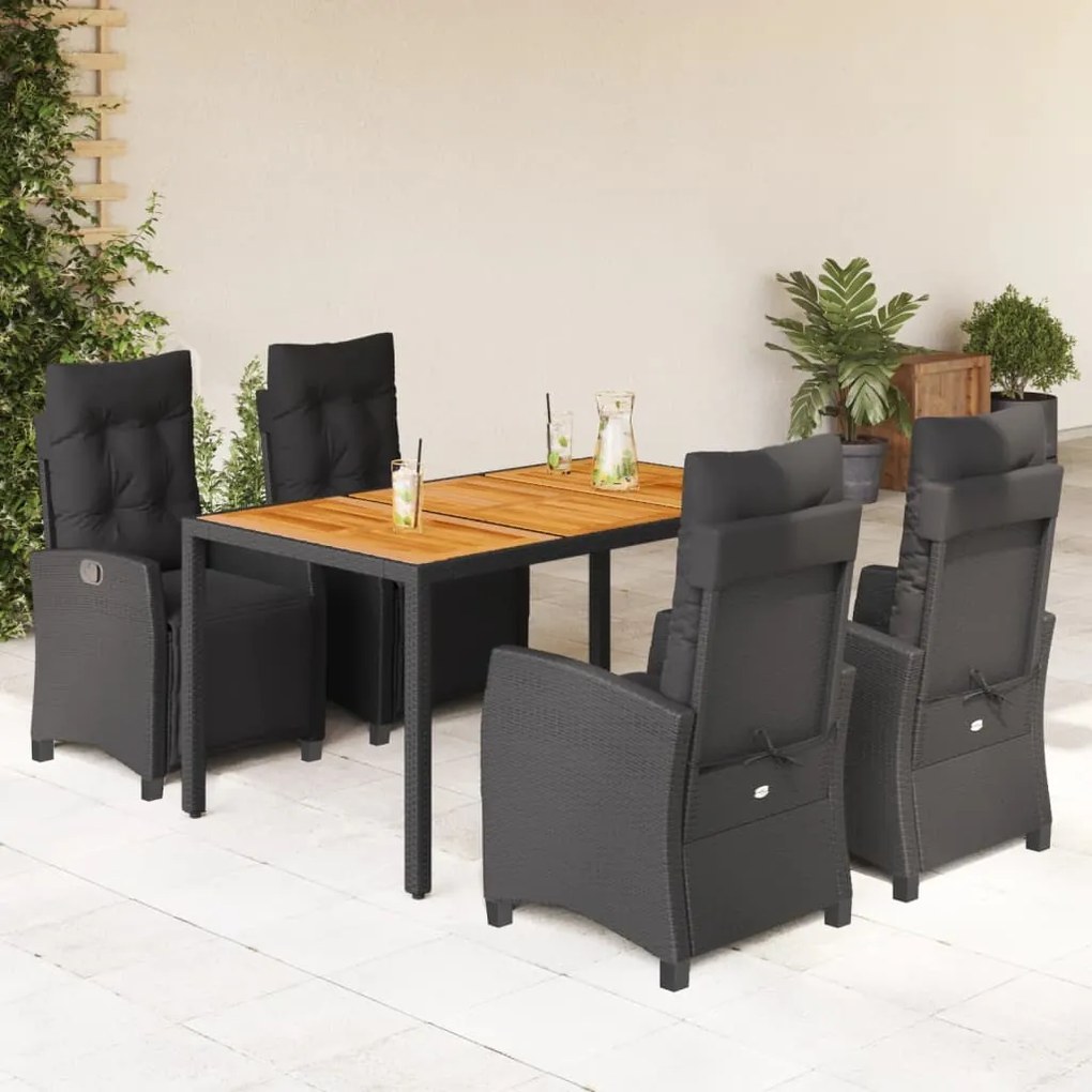 vidaXL 5 pcs conjunto de jantar p/ jardim c/ almofadões vime PE preto