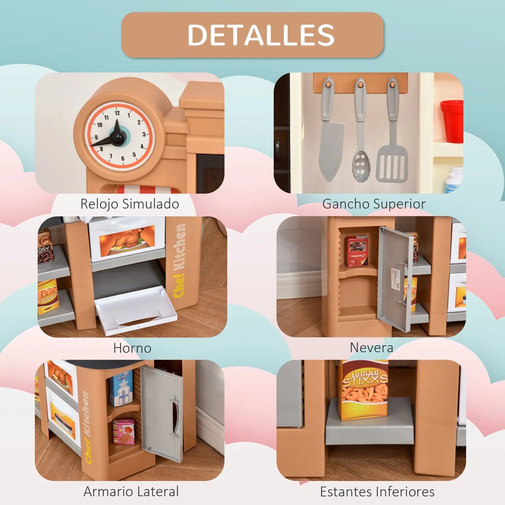 HOMCOM Cozinha Infantil com 58 Peças para Crianças acima de 3 Anos Cozinha de Brincar com Luz Sons Lavatório Torneira com Água e Forno 63x35x84cm Marrom