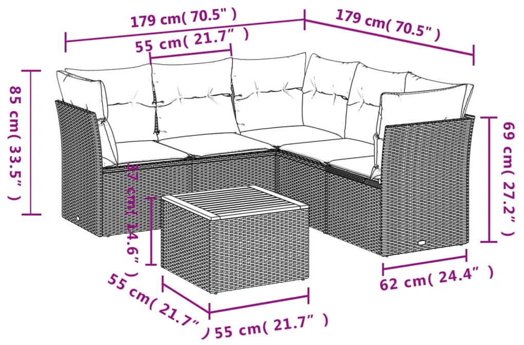 6 pcs conjunto sofás p/ jardim c/ almofadões vime PE cinzento