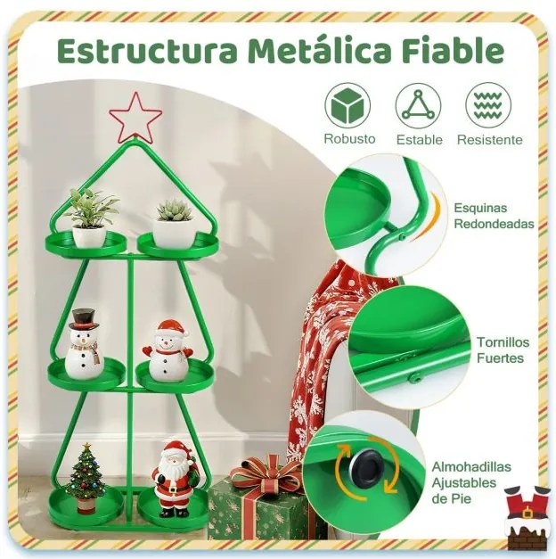 Suporte para plantas em forma arvore Natal 44 x 22,5 x 109,5 de 3 níveis em forma de árvore Estrela vermelha superior e estrutura metálica verde