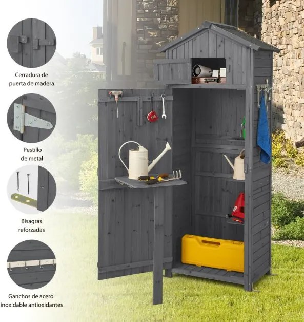 Abrigo de jardim 75 x 50 x 180,5 cm exterior Porta com fechadura Organizador de ferramentas Cinza