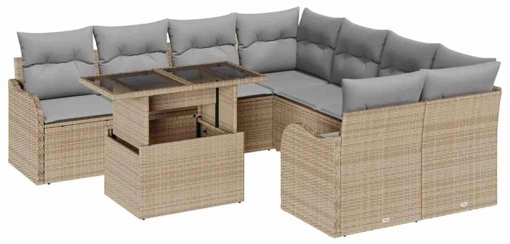 Conjunto de Sofá de Jardim 9 Peças com Almofadas Bege Poliratan