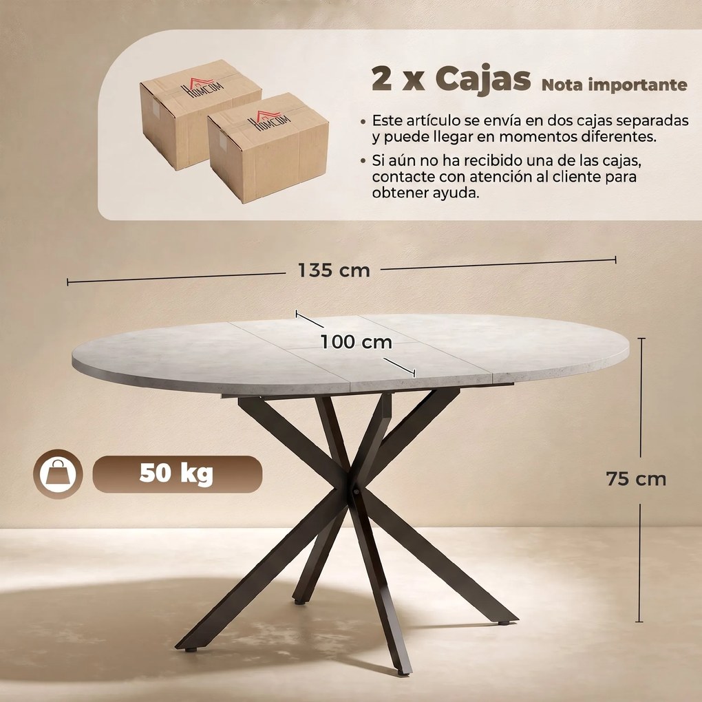 Mesa de Jantar Extensível Oval, 135 x 100 x 75 cm (CADEIRAS NÃO INCLUIDAS), Para 4 a 6 Pessoas, Cinzento