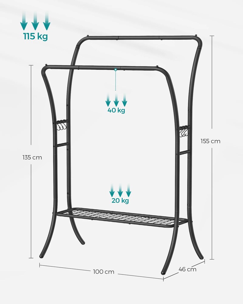 Cabide Guarda Roupa metálico com 6 ganchos 46 x 100 x 155 cm Preto