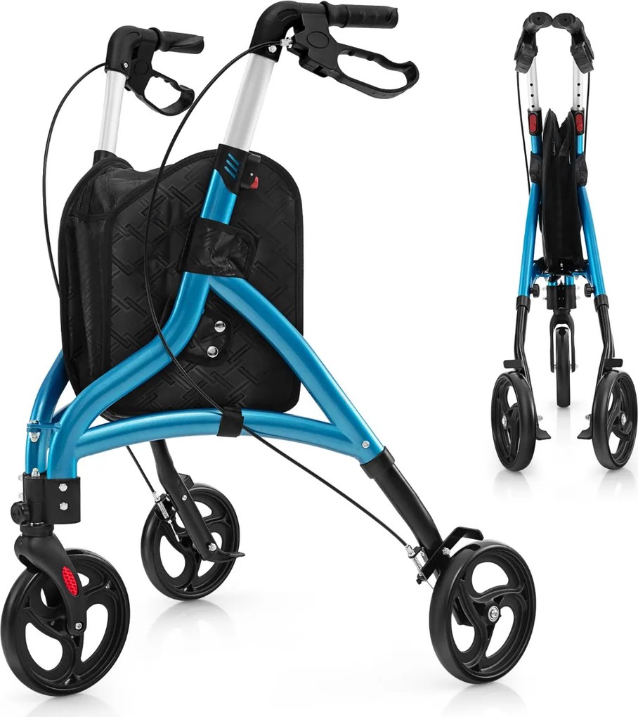 Andador para idosos com estrutura em alumínio leve, rodas grandes de 20 cm, altura ajustável e bolsa de armazenamento Azul