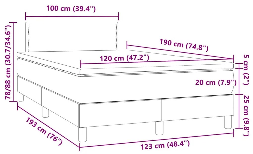 Cama box spring colchão LED 120x190cm couro artif. azul-escuro