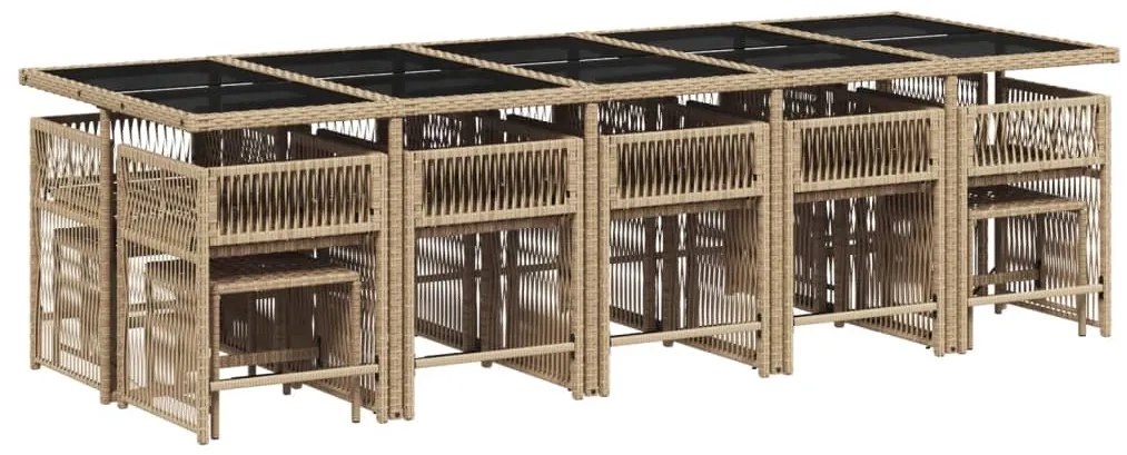 15 pcs conjunto de jantar p/ jardim com almofadões vime PE bege