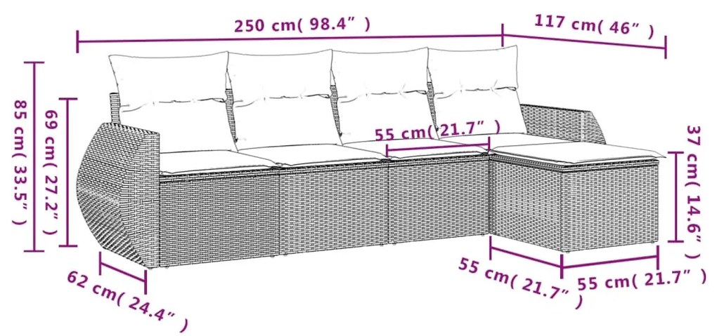 5 pcs conjunto sofás de jardim com almofadões vime PE preto