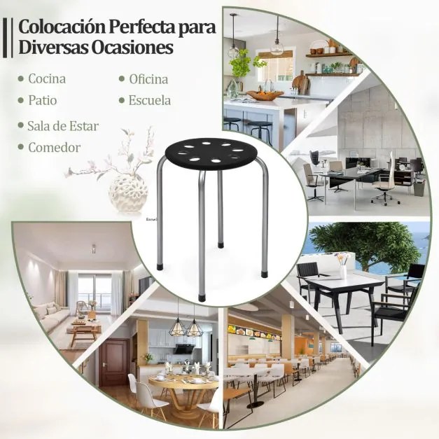 Conjunto de 6 bancos empilháveis de meta com assento perfurado redondo e estrutura metálica para cozinha, sala Pretos