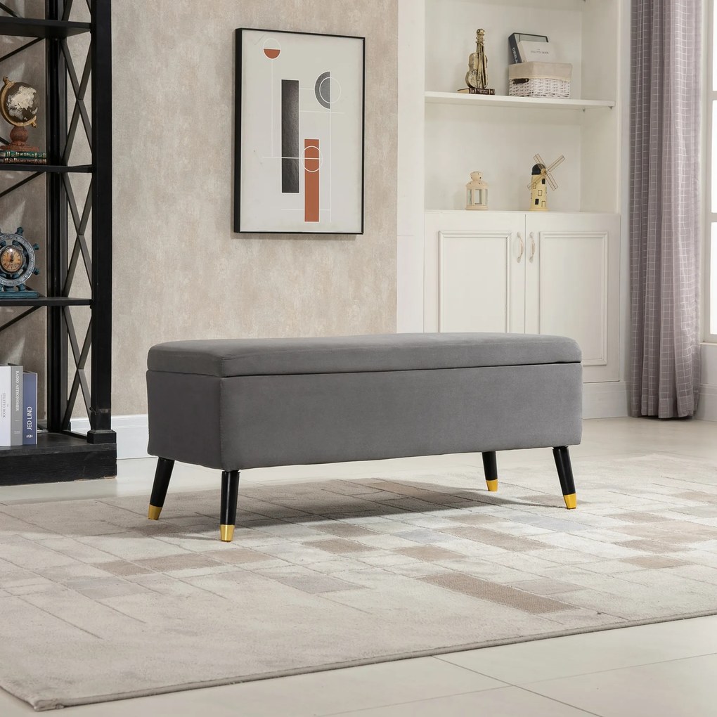 HOMCOM Banco de Armazenamento com Tampa Puff Estofado em Veludo com Assento Acolchoado e Pés de Madeira para Dormitório Entrada 110x43x45cm Cinza