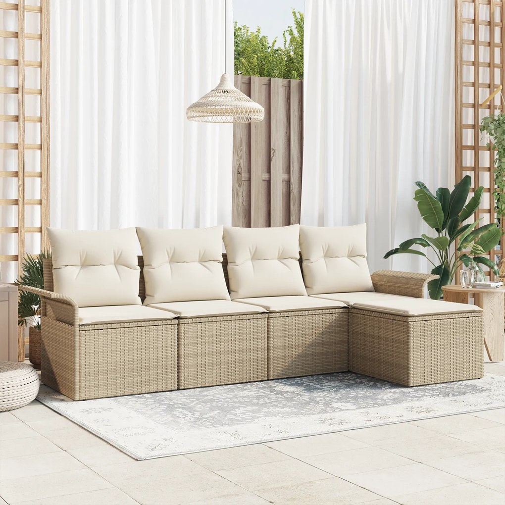 vidaXL Conjunto de Sofá de Jardim de 5 Peças com Almofadas Bege de Vime Poliéster.