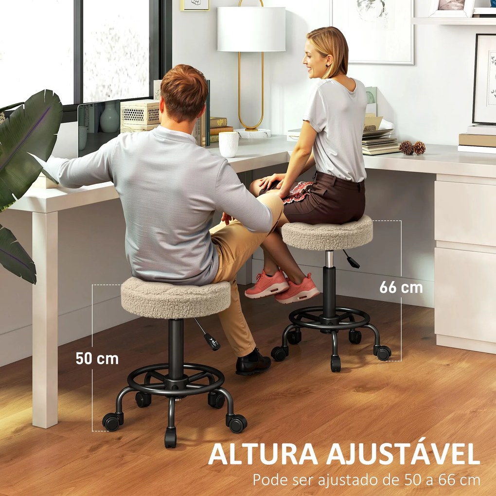 Banco Giratório Cosmetica Redondo Banco com Rodas Altura Regulável 50-66 cm Assento Estofado em Tecido tipo Borreguito Castanho Claro