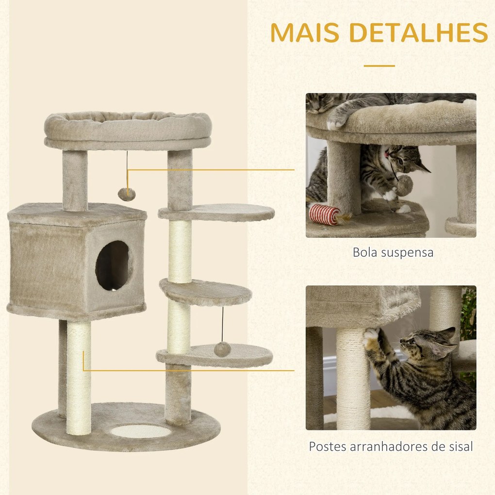 Árvore Arranhador para Gatos Pequenos Altura 94cm Torre para Gatos com Cama Superior Caverna 3 Escadas Bolas Suspensas e Postes de Sisal 55x55x94cm Ma