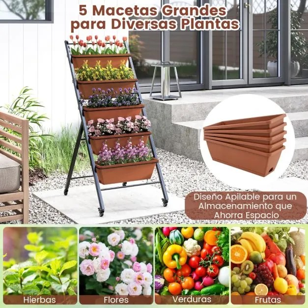 Floreira Escada 57 x 74 x 132 cm de 5 níveis com suporte metálico para vasos de jardim escalonado com rodas bloqueáveis e fileiras de orifícios de dre
