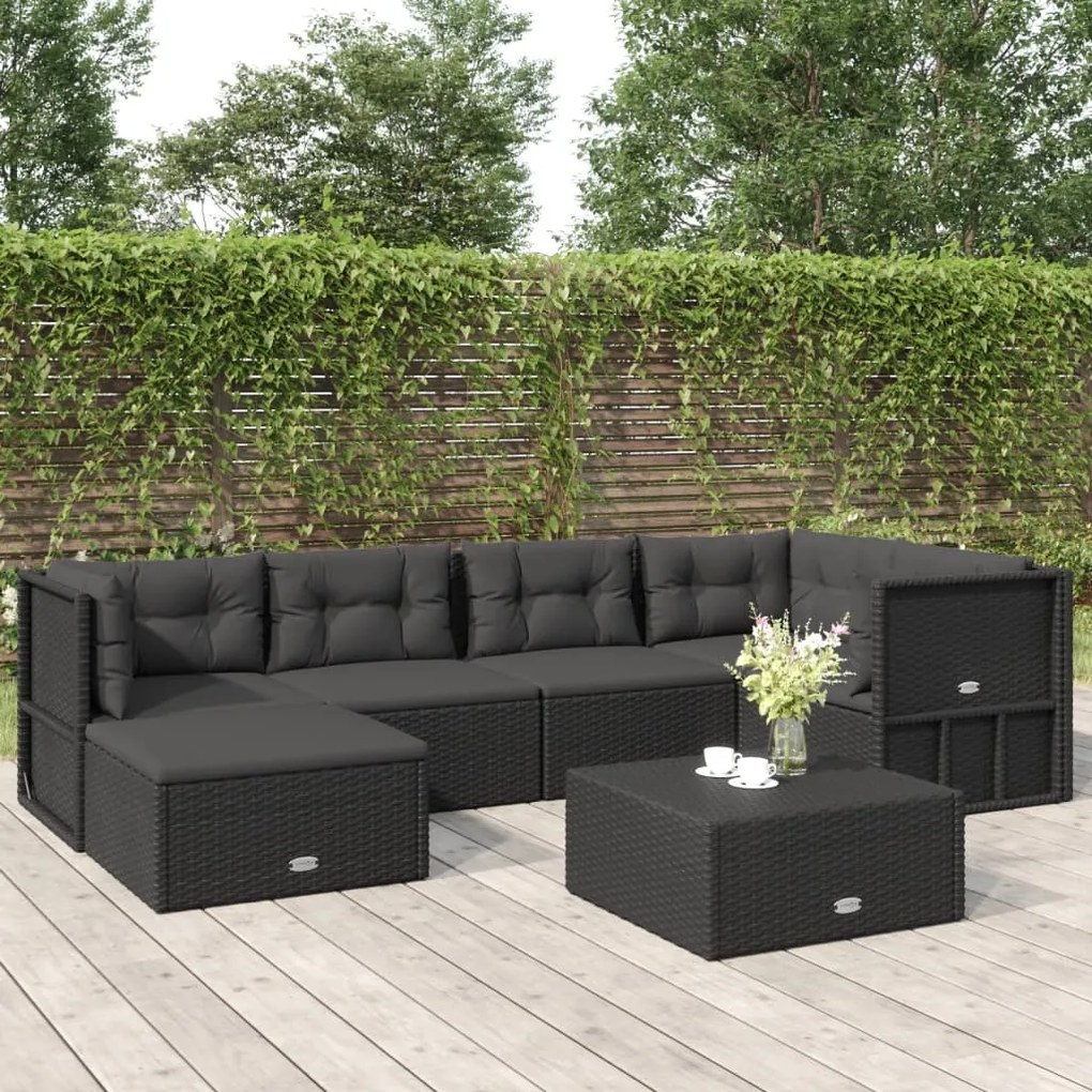 vidaXL 6 pcs conjunto lounge de jardim c/ almofadões vime PE preto