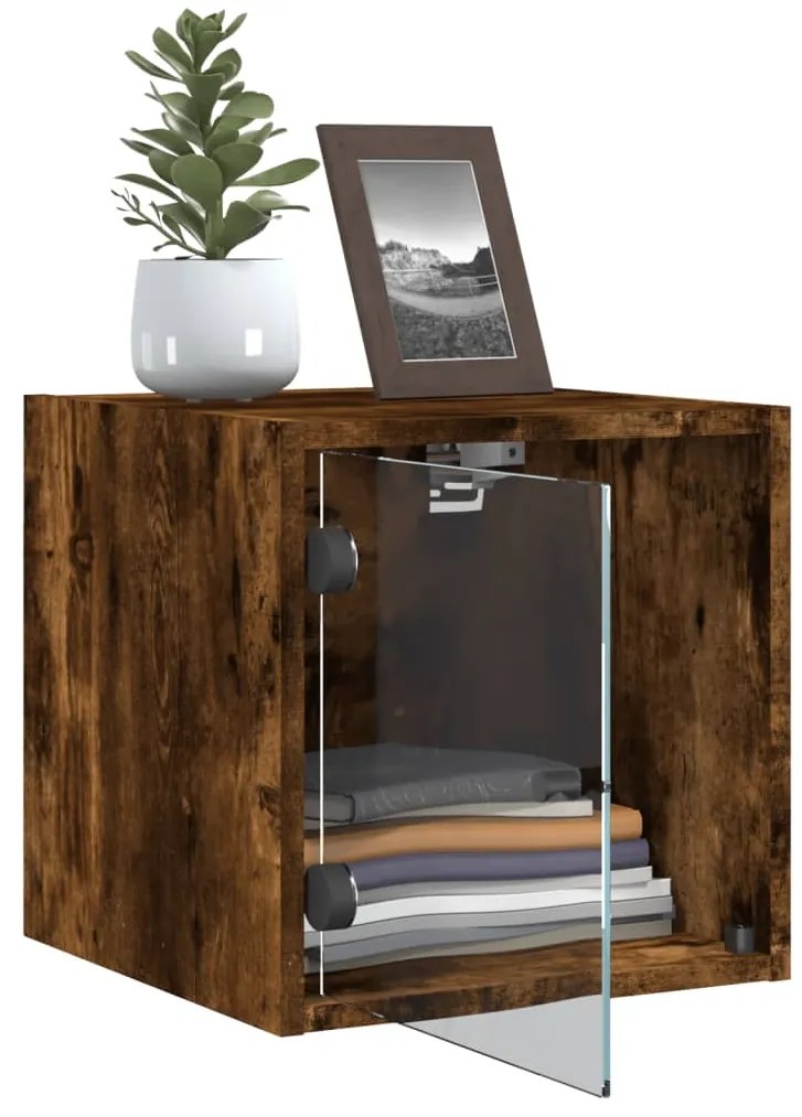 Mesa cabeceira c/ portas vidro 2 pcs 35x37x35cm carvalho fumado