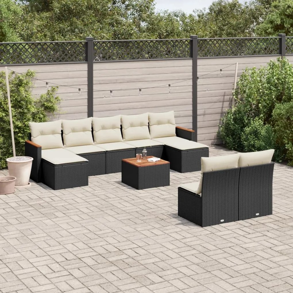 10 pcs conjunto sofás de jardim c/ almofadões vime PE preto