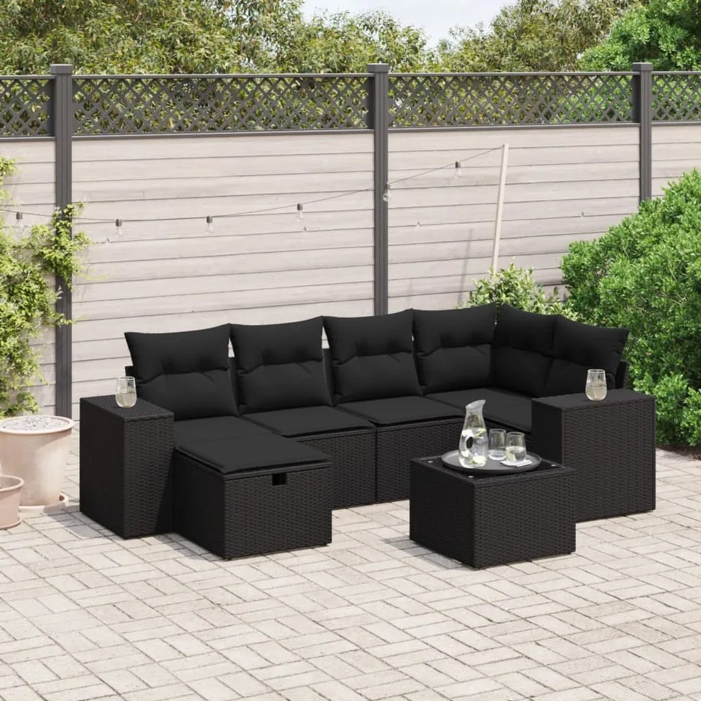 vidaXL 7 pcs conjunto de sofás p/ jardim c/ almofadões vime PE preto