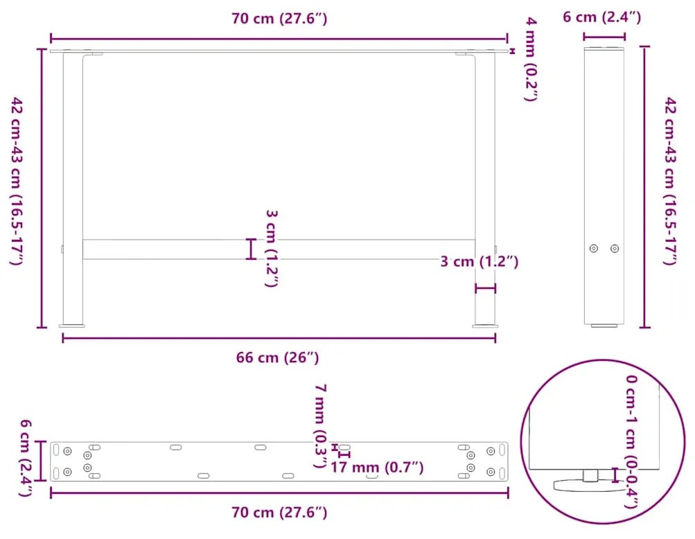 Pés para mesa de centro antracite 2 peças 70x(42-43) cm aço