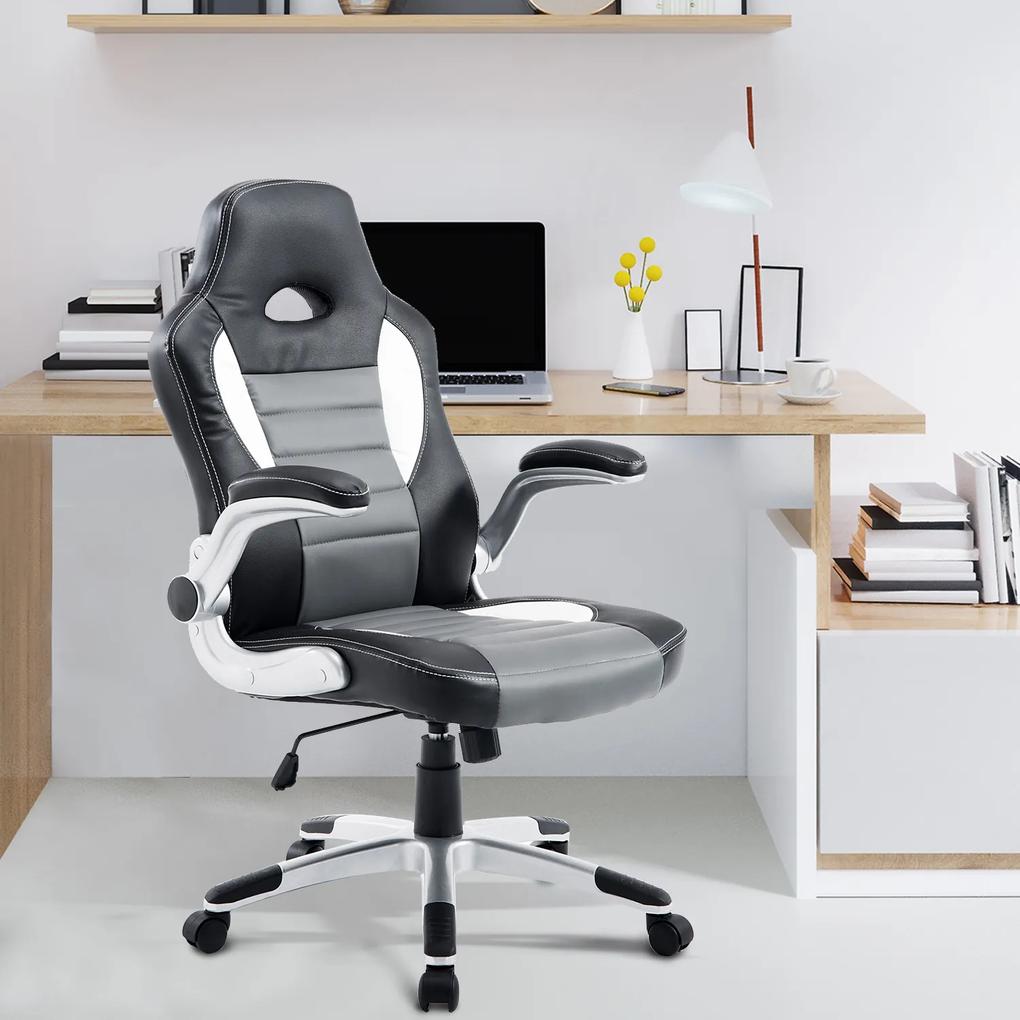 HOMCOM Cadeira de escritório ergonômica Altura ajustável apoio de Braço dobrável com 5 rodas Carga 120 kg 65x69x112-122 cm cinza