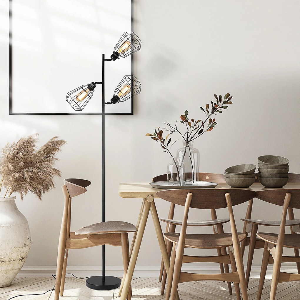 Candeeiro de pé de design industrial, 3 lâmpadas, máx. 40 W, abajur em forma de gaiola de metal preto