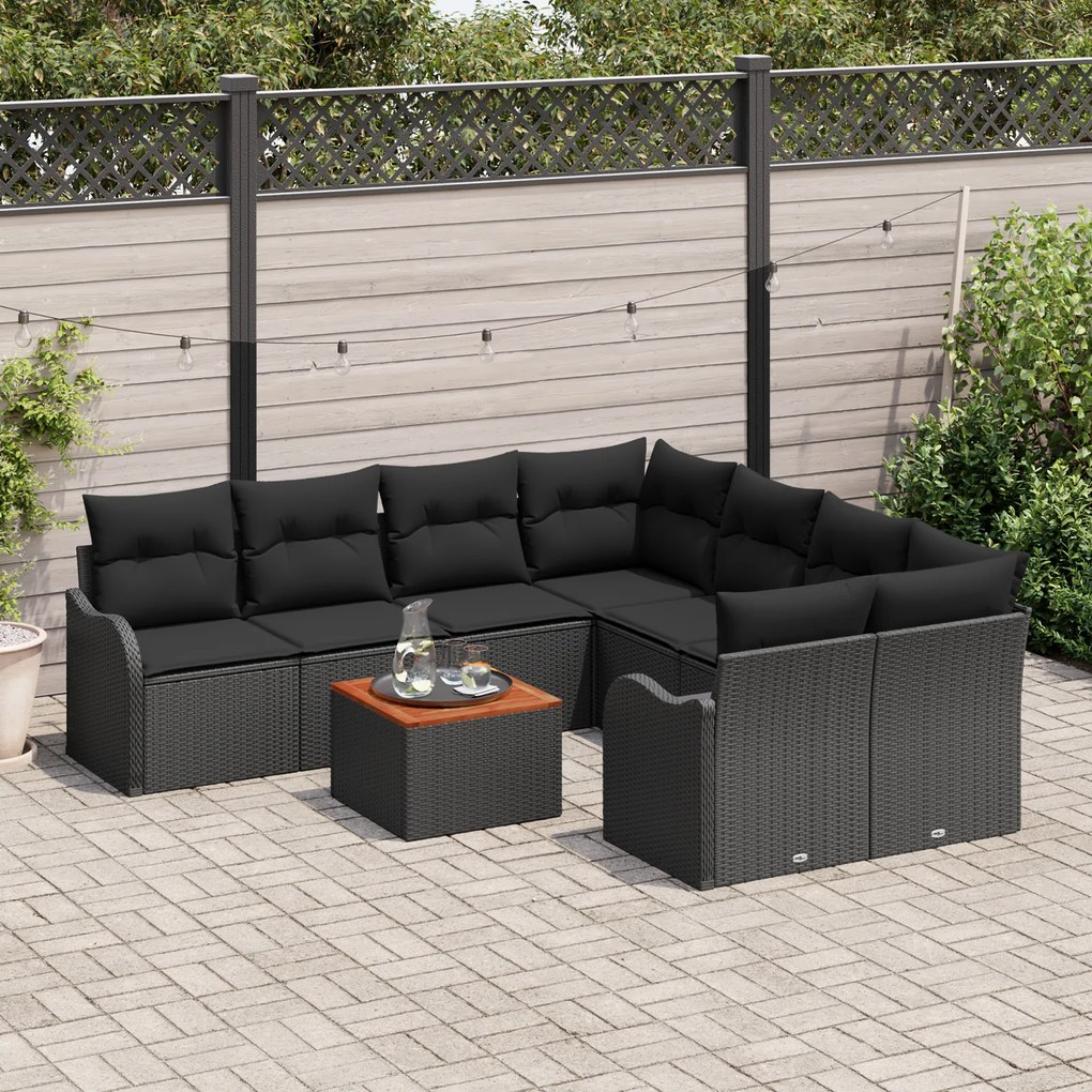 Conjunto de Sofá para Jardim vidaXL de 9 peças com Almofadas Preta Vim