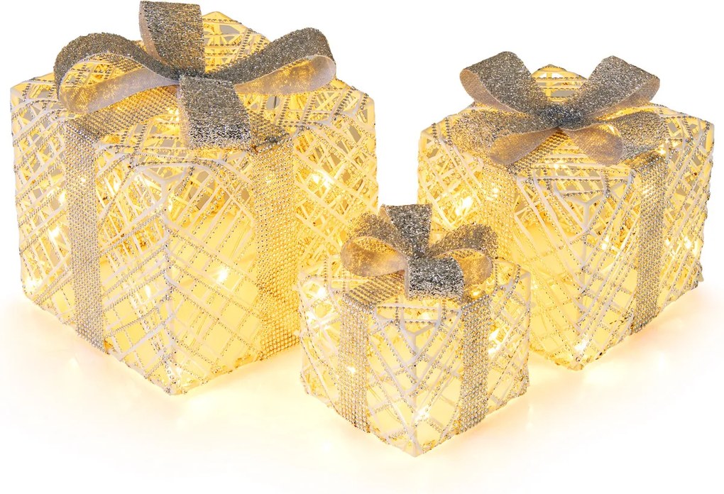 Caixas de Presentes LED Natal Conjunto de 3 Peças com Laços para Interior e Exterior Resistentes às Intempéries